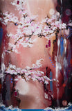Artistic depiction of a person with cherry blossom branches, set against a colorful abstract background.