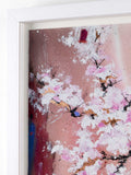 Abstract art piece with pink and white floral elements on a brown background