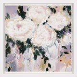 Abstract floral painting with white flowers and green leaves on a multicolored background