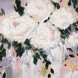 Abstract floral painting with white flowers and green leaves on a multicolored background