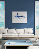 Living room with a shark painting on the wall, white sofa, and coffee table.