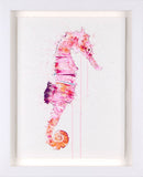 Colourful watercolour painting of a seahorse on a white background