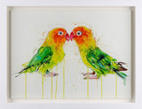 Artistic depiction of two colorful birds facing each other on a white background