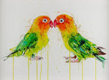 Artistic depiction of two colorful birds on a light background