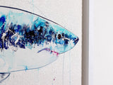 Abstract art of a fish with blue and black colours on a white background