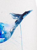 Abstract art with blue and black brush strokes on a white background