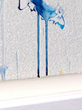 Abstract art with blue and white elements on a textured gray background