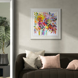 Colourful abstract painting on a wall above a sofa with decorative pillows.