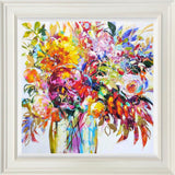 Colourful abstract floral painting in a white frame