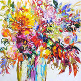 Colourful abstract floral painting in a white frame
