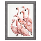 Framed artwork of pink flamingos on a white background