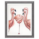 Framed artwork of pink flamingos on a white background