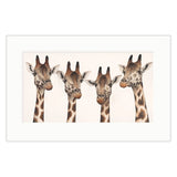 Four giraffe heads arranged in a row on a beige background