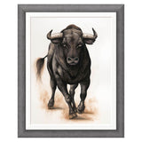 Framed artwork of a bull on a white background