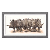 Framed artwork of five rhinos walking in a line on a white background
