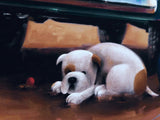 A soft-focus painting of a white puppy with tan patches sleeping on a wooden floor under a vehicle.
