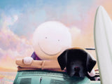A whimsical painted scene showing a black puppy resting on the hood of a teal convertible car, with a smiling white-faced figure leaning over the side and a surfboard visible on the right against a pastel sky background.