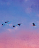 detail image of birds in a purple and pink sky