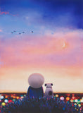 A soft, painterly scene of two small figures sitting in a field at sunset, facing a pastel sky with a crescent moon, birds, and colorful bokeh lights in the foreground.