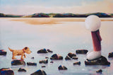 A painted scene showing a small tan dog standing on rocks in shallow water, facing a large white-and-red abstract figure seated on a rock in the water. Distant hills and a pale sky fill the background.