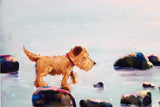 A painted scene of a small tan dog wearing a red collar standing on dark rocks in shallow water, with a pale blue and white background and soft speckled highlights.