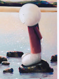 A stylized painting of a simple stick-figure-like character with a large white head and white lower body, wearing a dark red top, standing on dark rocks in shallow water.