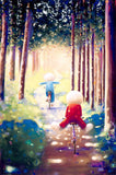 A coluorful, impressionistic painting of two children riding bicycles down a sunlit forest path lined with tall trees.