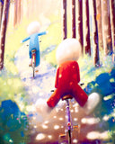 A colorful, impressionistic painting of two stylized figures riding bicycles along a sunlit forest path, with tall trees and bright pastel tones throughout.