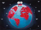World map with red hearts and a small robot-like figure on a dark background