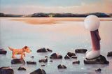 A whimsical painting of a small brown dog standing on rocks in shallow water beside a stylized white and burgundy figure seated on a rock, with a calm reflective lake and distant hills under a pale sky.