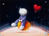 Illustration of an astronaut on a planet with a heart-shaped balloon in space.