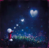 A whimsical painted scene of a small white figure in a red outfit standing in a glowing field at night, reaching toward sparkling heart-shaped lights in the sky.