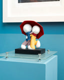 Two cartoon characters under a red umbrella on a glass platform against a blue wall.