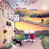 A painted village scene with a stone building labeled 'The Dog' and a sign reading 'Tut Dog'. Two small figures, one in blue and one in red, stand on a path near the building, while a black dog runs past.