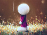 A whimsical painted scene of a small figure with a large white round head, wearing a magenta dress, standing in a field of golden grass against a dark brown background with glowing light spots.