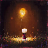 A whimsical painting of a small child with a white round hat and a dark red coat kneeling in a grassy field, holding a glowing golden balloon against a dark, dreamy background.