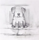 Pencil drawing of a dog sitting on a surface with a light gray background