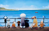 Illustration of various animal figures sitting on a railing overlooking a body of water with a boat.