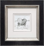 Framed black and white drawing of a heart-shaped object on a white background