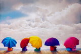 A colorful painting of five children sitting under umbrellas on a wooden dock, looking out at a dramatic cloudy sky.