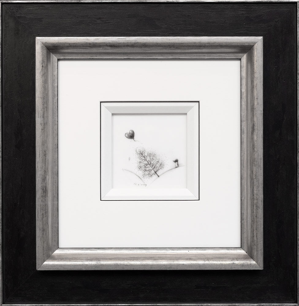 Framed black and white artwork with a tree and bird illustration on a white background.