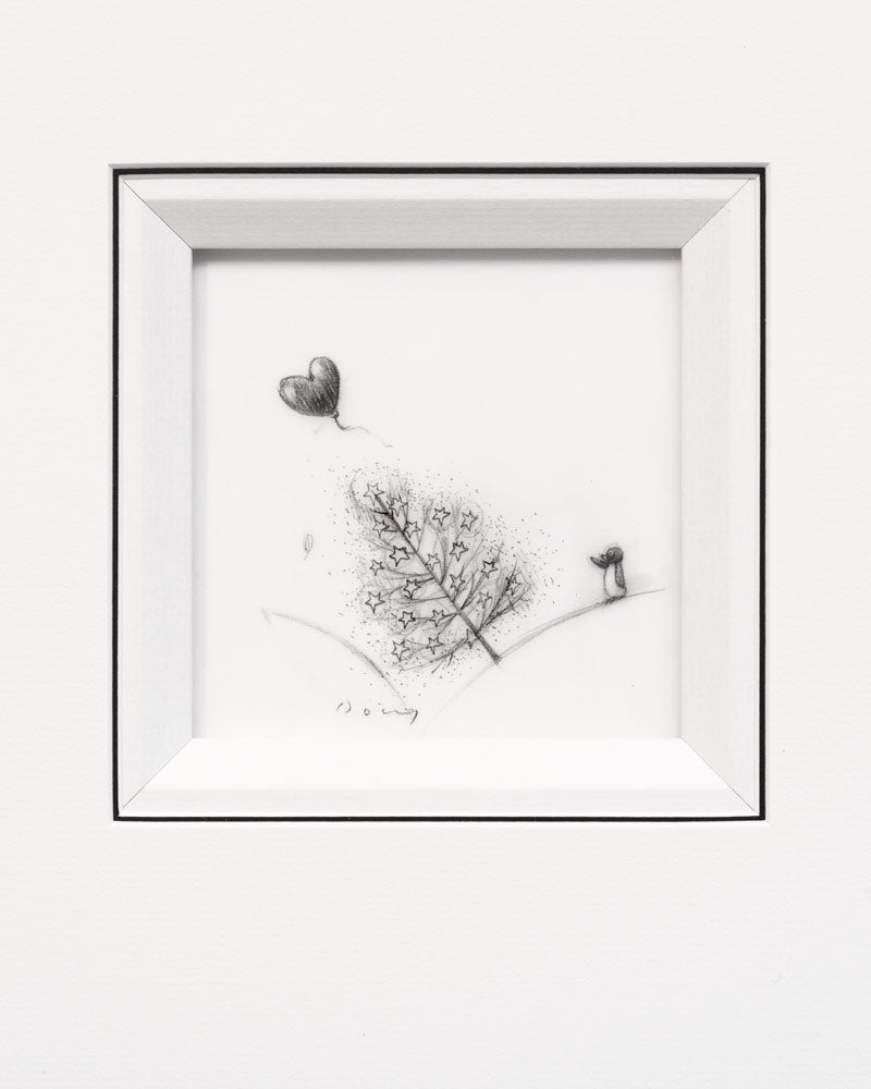 Framed black and white artwork of a tree and heart-shaped balloon on a white background