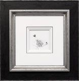 Framed black and white artwork with a tree and bird illustration on a white background.
