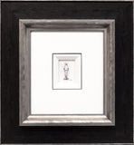 Framed black and white artwork of a figure on a white background