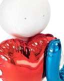 Close-up of a red and blue heart-shaped balloon with a white background