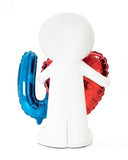 White figure with blue and red balloons on a white background