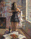 a woman from behind wearing a black corset and fringed dress, holding a white garment in a dimly lit room with a table holding a wine bottle, glass, and fruit in the foreground.