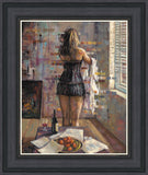 A framed painting depicting a woman from behind in a black fringed dress standing in a room by a window, with a table in the foreground holding a bottle, glass, papers, and a bowl of red fruit. The artwork is presented in a dark gray frame