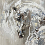 An abstract painting of a horse's head and neck rendered in expressive brushstrokes of white, grey, taupe, brown, and soft blue tones unframed
