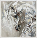 An abstract painting of a horse's head and neck rendered in expressive brushstrokes of white, grey, taupe, brown, and soft blue tones, framed by a light neutral border and white frame